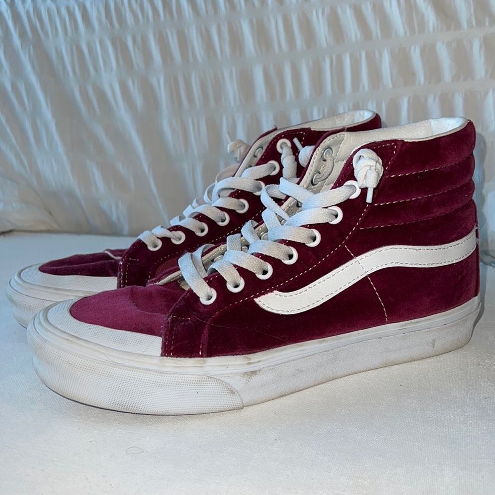 Velvet red and white high top Vans